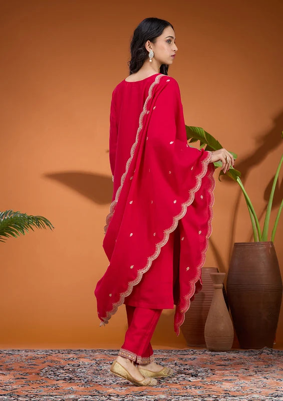 Rani Pink Soft Raw Silk Gold Zariwork Straight Kurta With Pant Regular And Dupatta