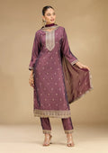 Purple Soft Raw Silk Gold Zariwork Straight Kurta With Pant Regular And Dupatta
