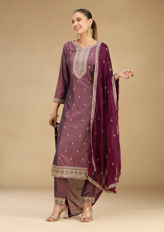 Purple Soft Raw Silk Gold Zariwork Straight Kurta With Pant Regular And Dupatta