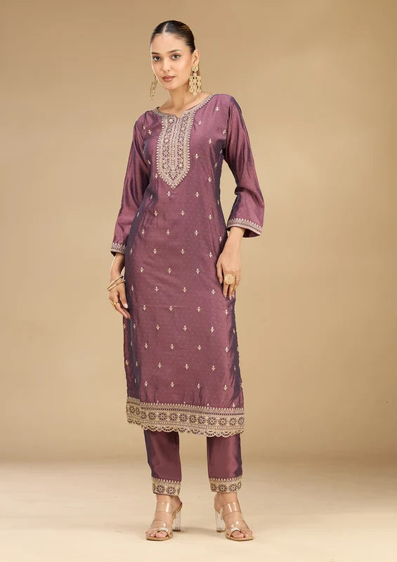 Purple Soft Raw Silk Gold Zariwork Straight Kurta With Pant Regular And Dupatta