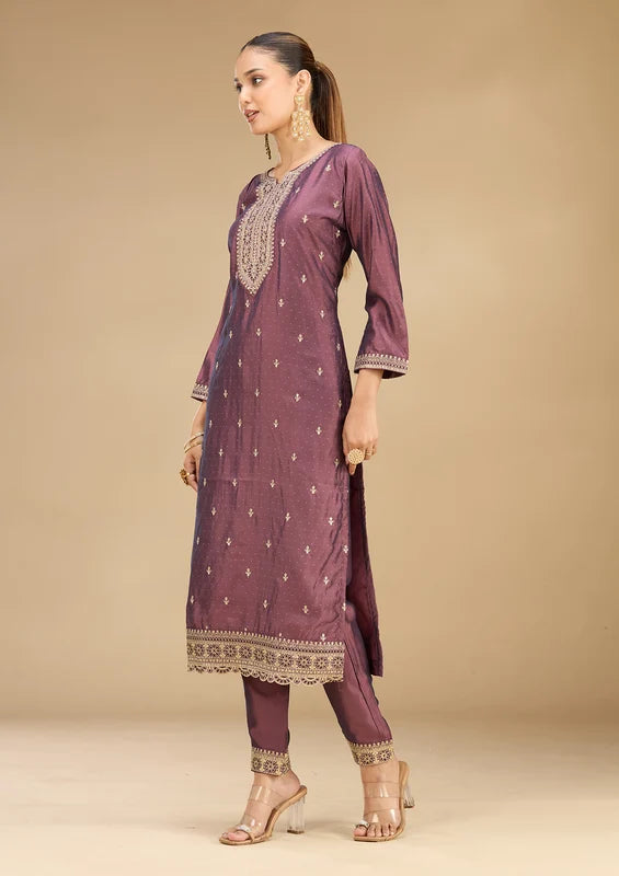 Purple Soft Raw Silk Gold Zariwork Straight Kurta With Pant Regular And Dupatta
