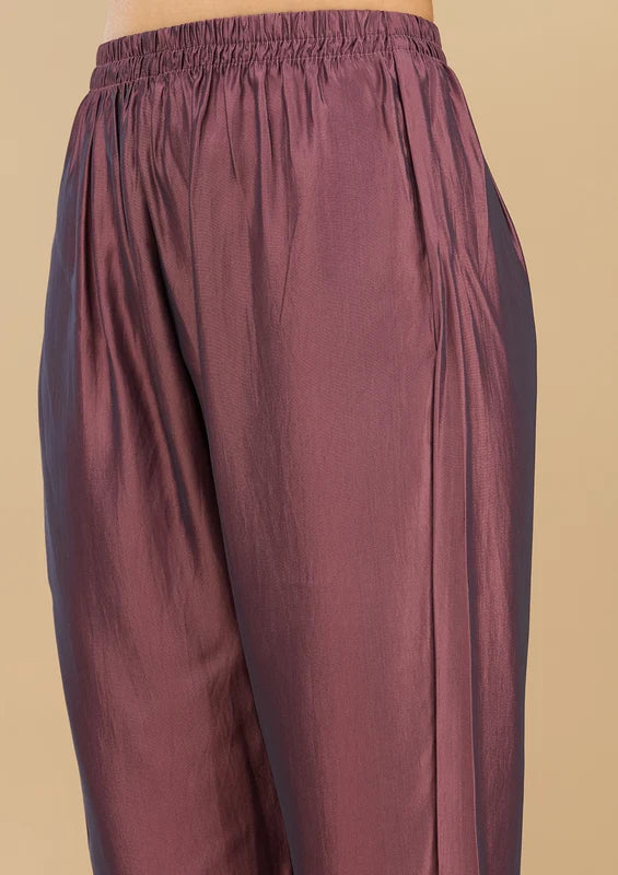 Purple Soft Raw Silk Gold Zariwork Straight Kurta With Pant Regular And Dupatta