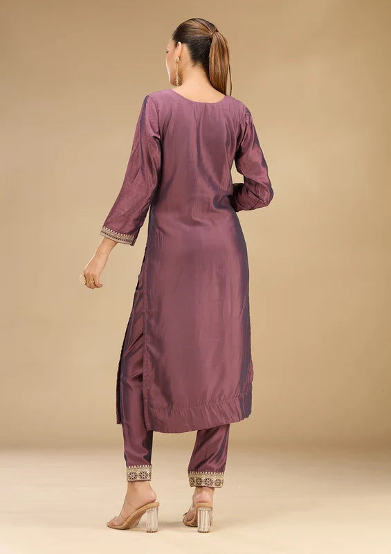 Purple Soft Raw Silk Gold Zariwork Straight Kurta With Pant Regular And Dupatta