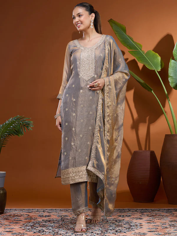 Grey Sequins Soft Raw Silk Readymade Salwar Suit