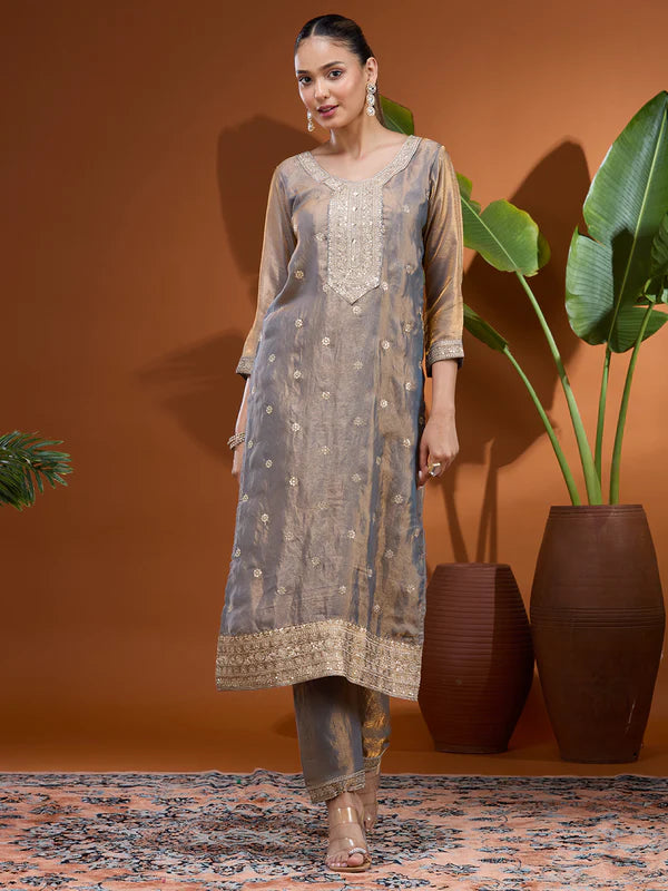 Grey Sequins Soft Raw Silk Readymade Salwar Suit