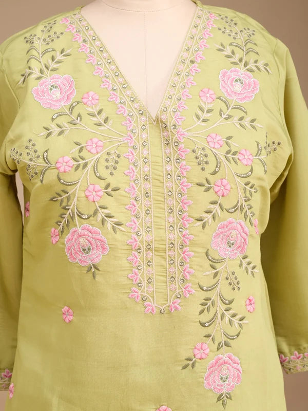 Pista Green Art Silk Threadwork Straight Kurta With Regular Pant And Dupatta