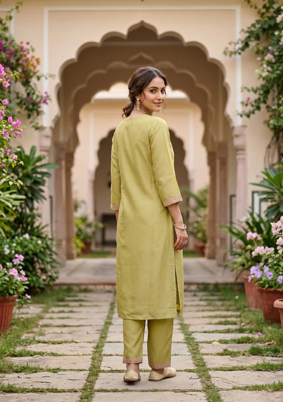 Pista Green Art Silk Threadwork Straight Kurta With Regular Pant And Dupatta