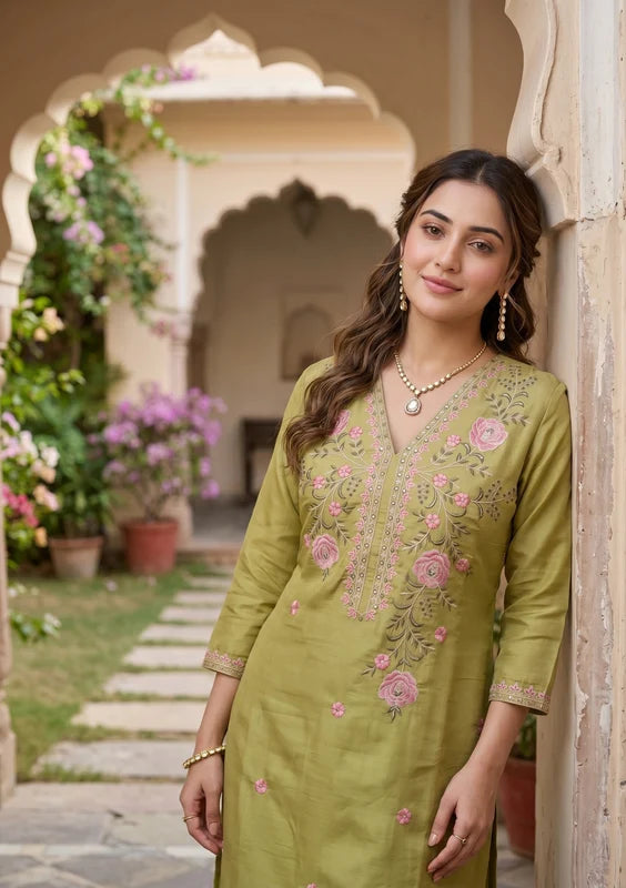 Pista Green Art Silk Threadwork Straight Kurta With Regular Pant And Dupatta