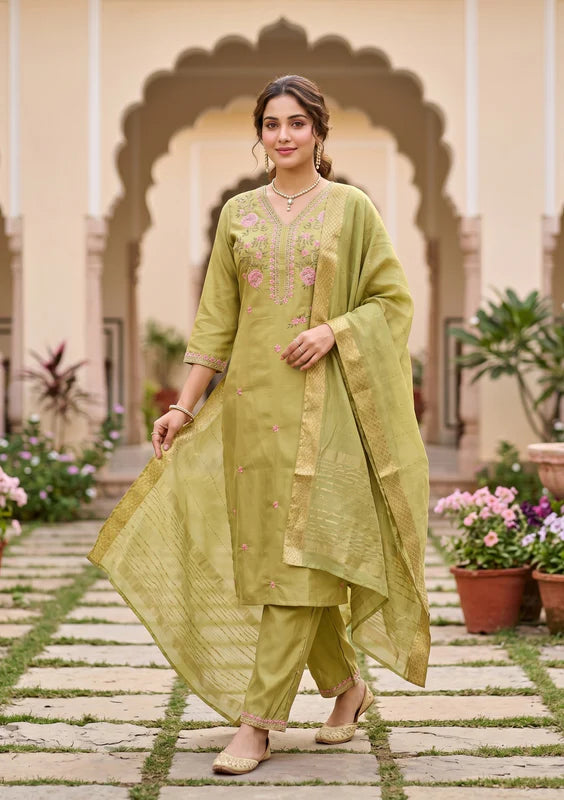 Pista Green Art Silk Threadwork Straight Kurta With Regular Pant And Dupatta