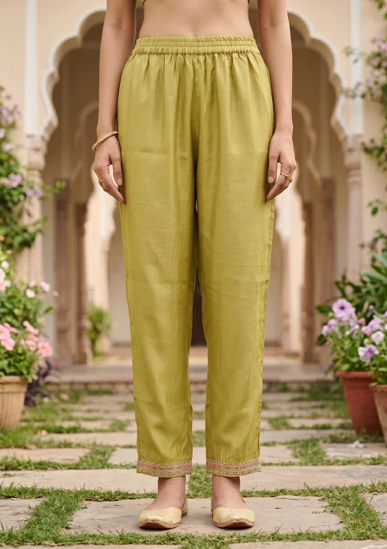 Pista Green Art Silk Threadwork Straight Kurta With Regular Pant And Dupatta
