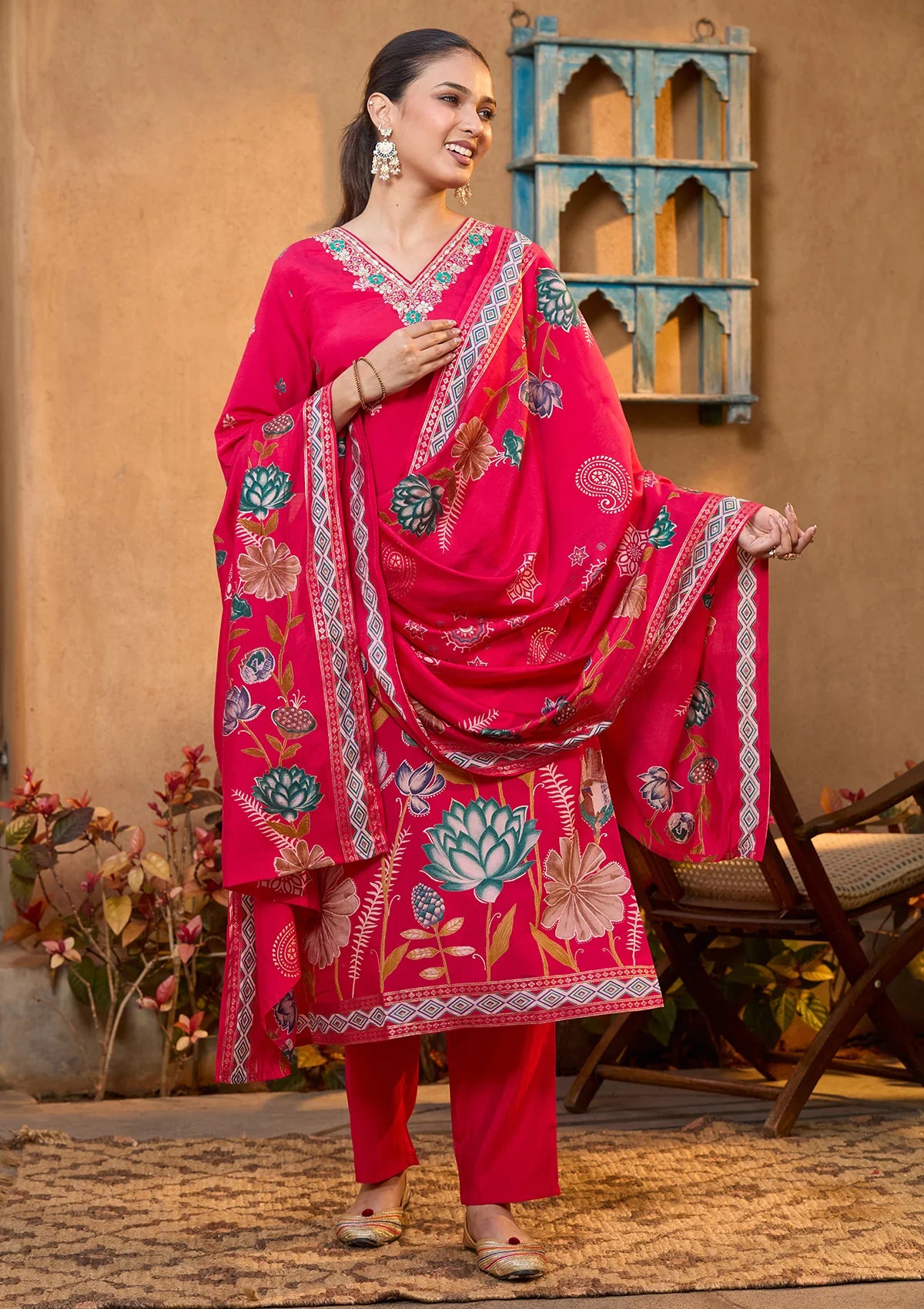 Rani Pink Soft Raw Silk Floral Threadwork Straight Kurta With Pant Regular And Dupatta