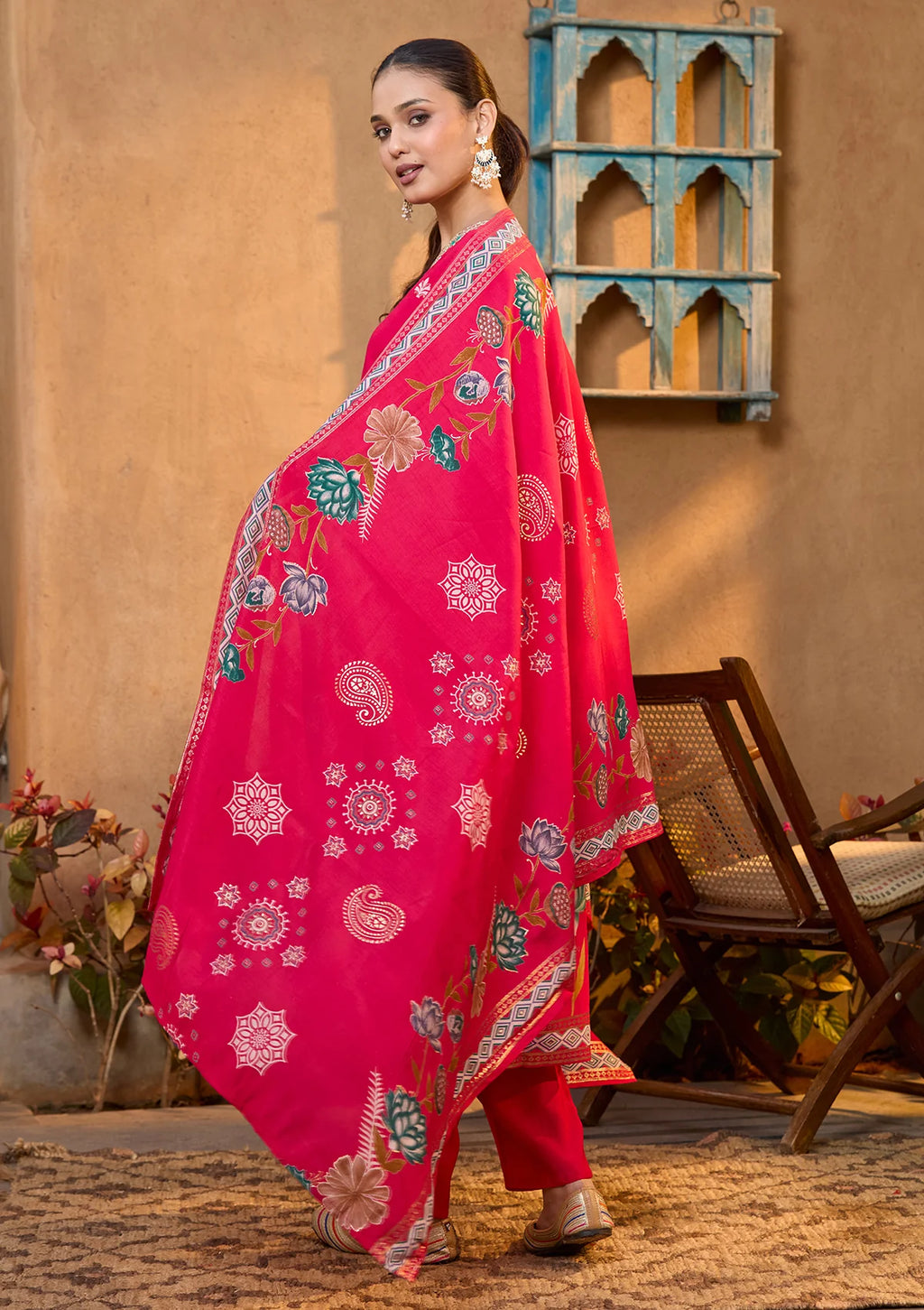 Rani Pink Soft Raw Silk Floral Threadwork Straight Kurta With Pant Regular And Dupatta
