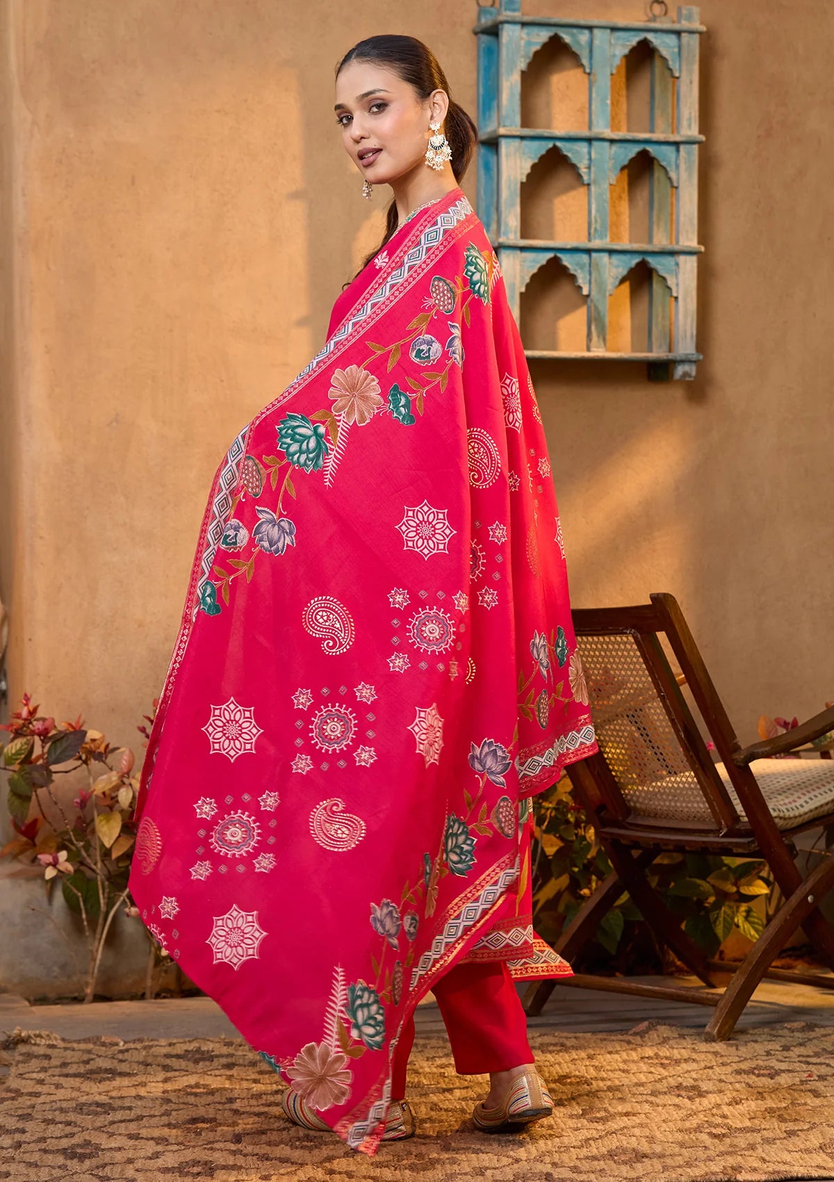 Rani Pink Soft Raw Silk Floral Threadwork Straight Kurta With Pant Regular And Dupatta