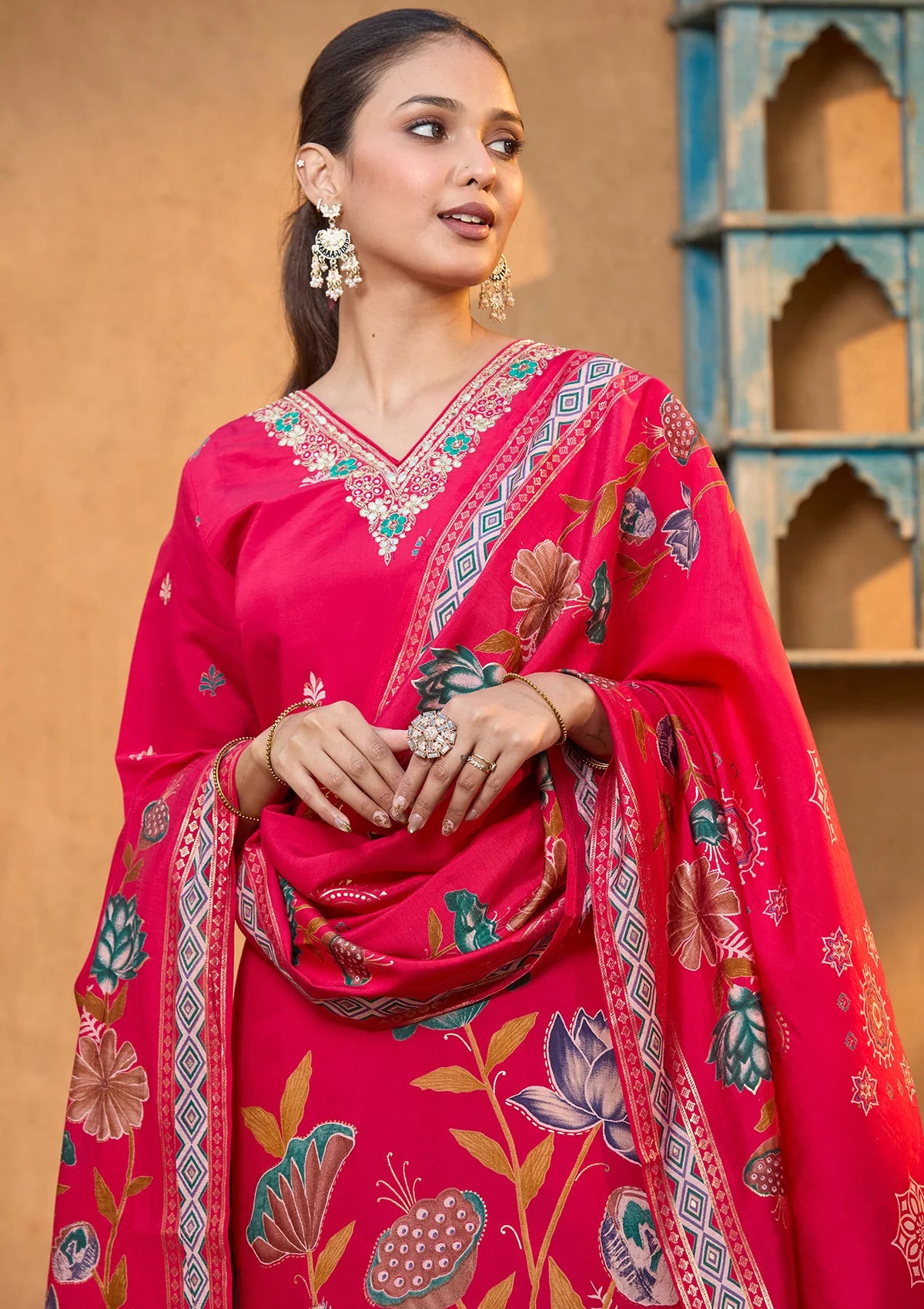 Rani Pink Soft Raw Silk Floral Threadwork Straight Kurta With Pant Regular And Dupatta