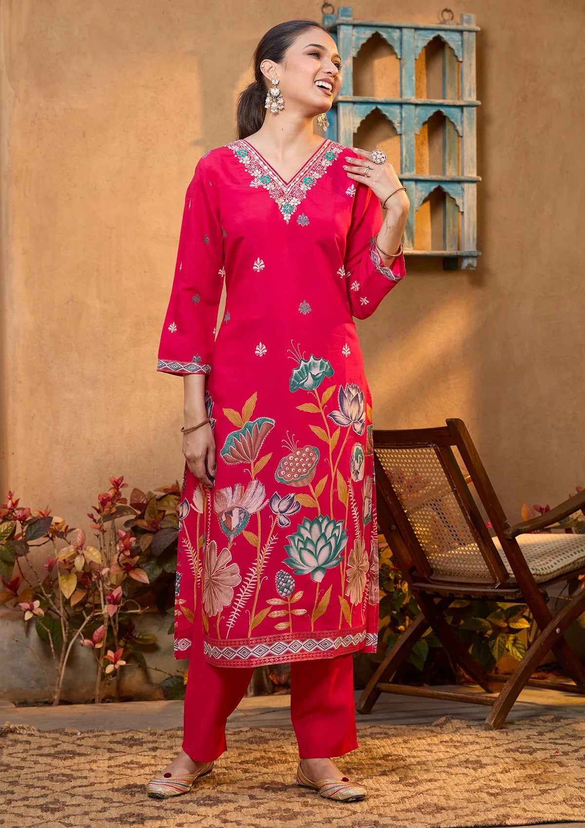 Rani Pink Soft Raw Silk Floral Threadwork Straight Kurta With Pant Regular And Dupatta