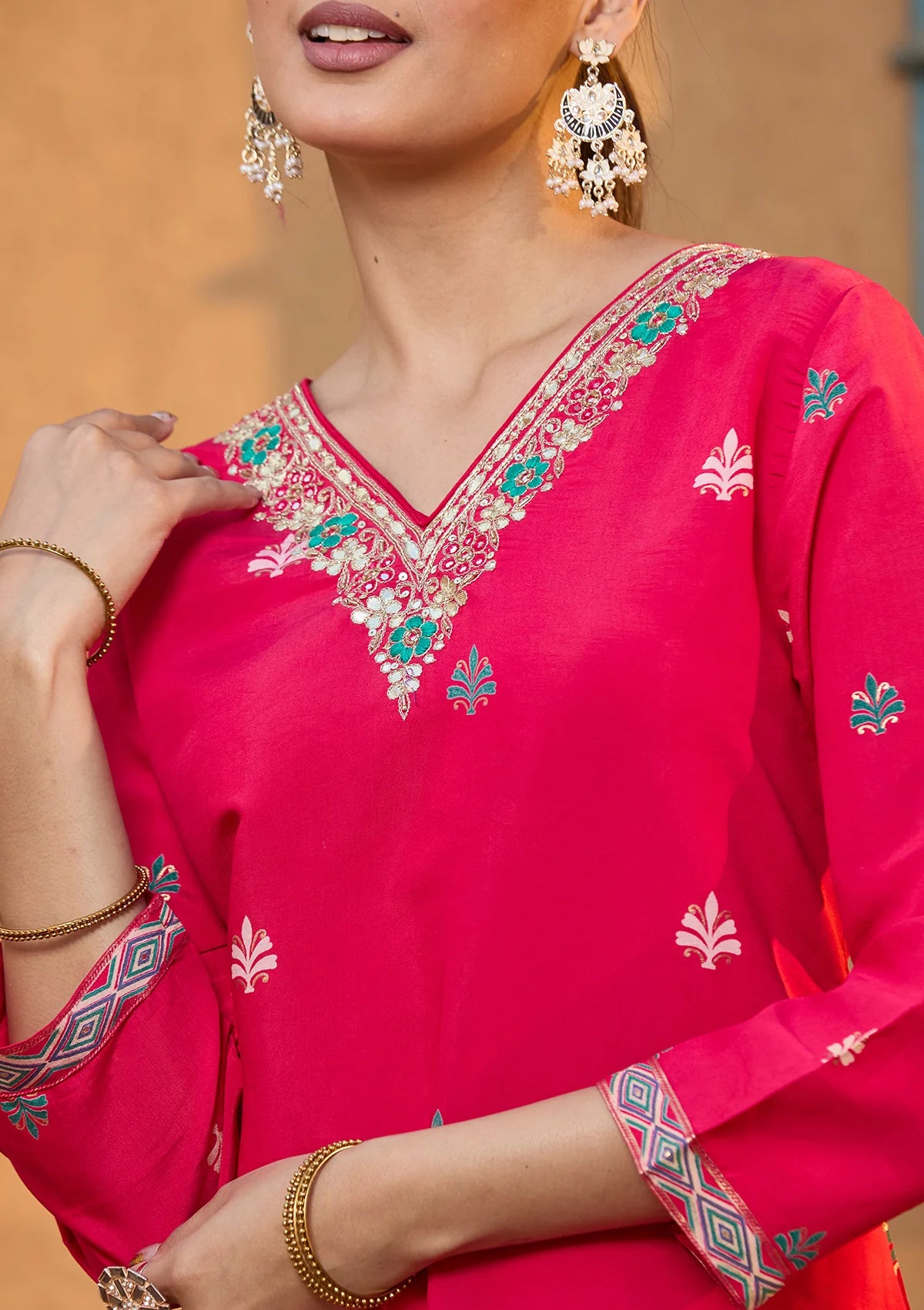 Rani Pink Soft Raw Silk Floral Threadwork Straight Kurta With Pant Regular And Dupatta