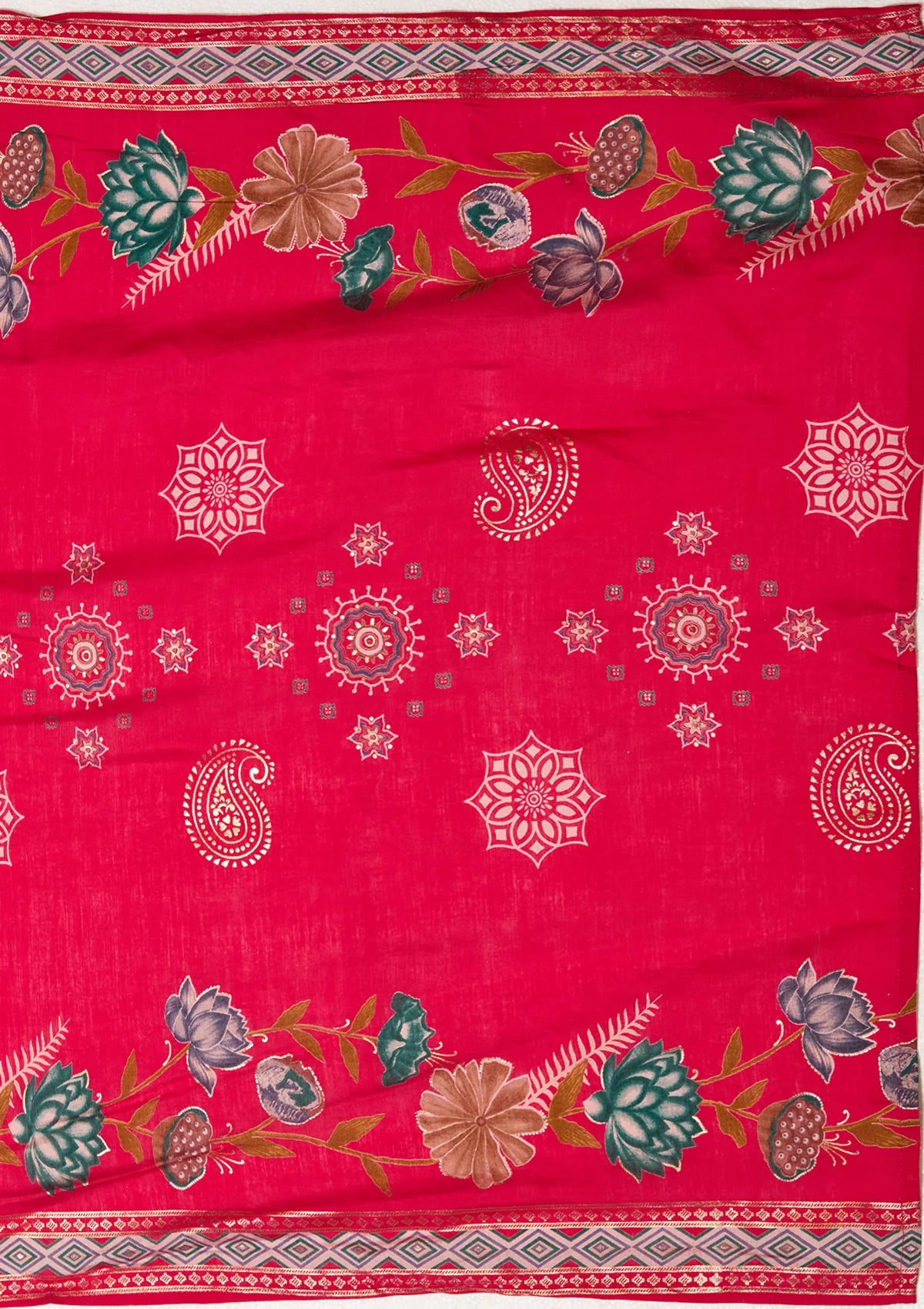 Rani Pink Soft Raw Silk Floral Threadwork Straight Kurta With Pant Regular And Dupatta