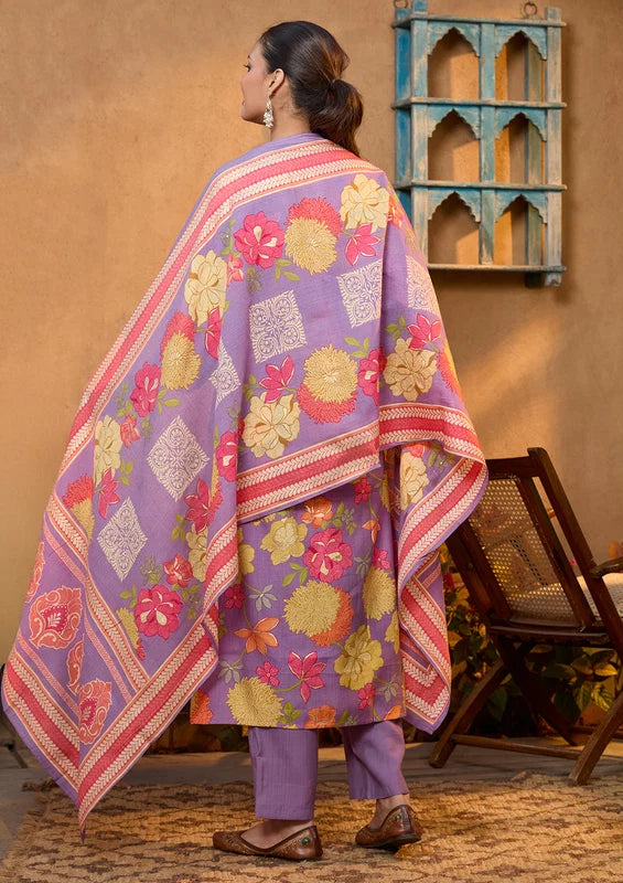 Purple Soft Raw Silk Floral Cording Straight Kurta With Pant Regular And Dupatta