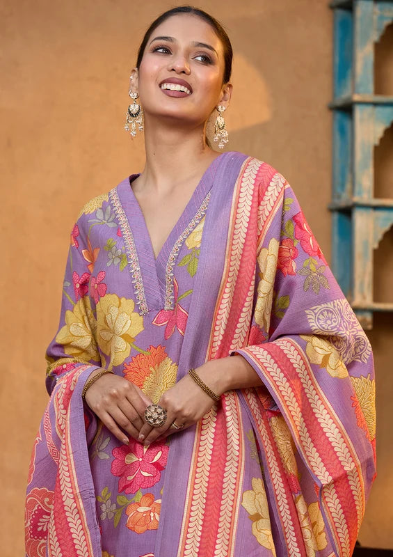 Purple Soft Raw Silk Floral Cording Straight Kurta With Pant Regular And Dupatta