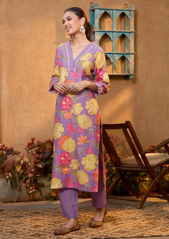 Purple Soft Raw Silk Floral Cording Straight Kurta With Pant Regular And Dupatta