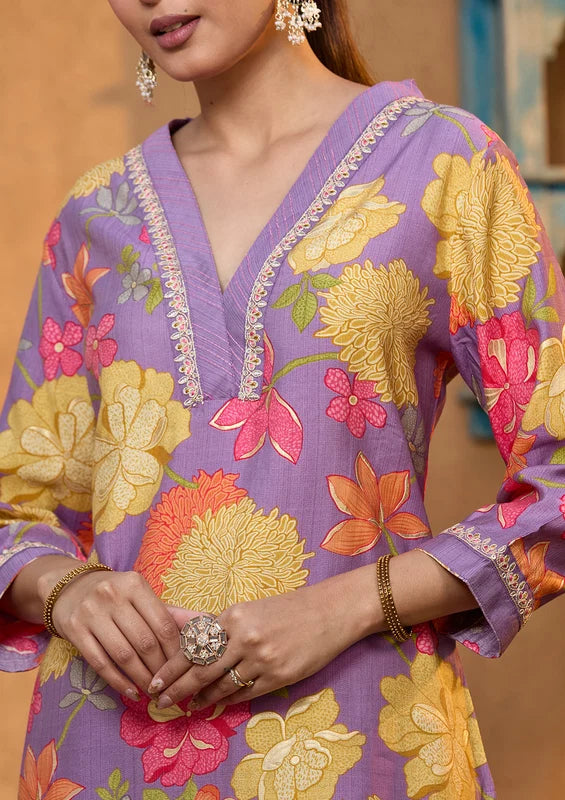 Purple Soft Raw Silk Floral Cording Straight Kurta With Pant Regular And Dupatta