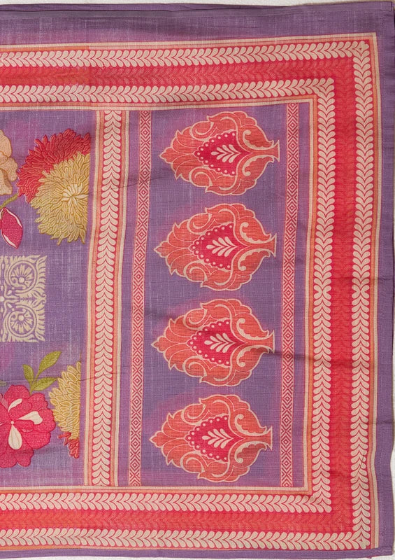 Purple Soft Raw Silk Floral Cording Straight Kurta With Pant Regular And Dupatta