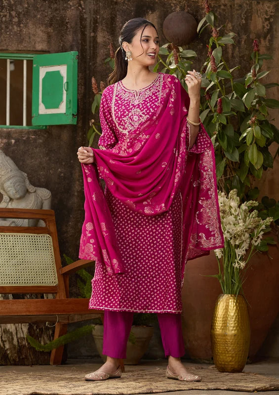 Purple Chanderi Bandhej Cording Straight Kurta With Regular Pant And Dupatta