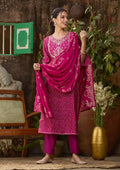 Purple Chanderi Bandhej Cording Straight Kurta With Regular Pant And Dupatta