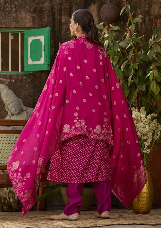 Purple Chanderi Bandhej Cording Straight Kurta With Regular Pant And Dupatta