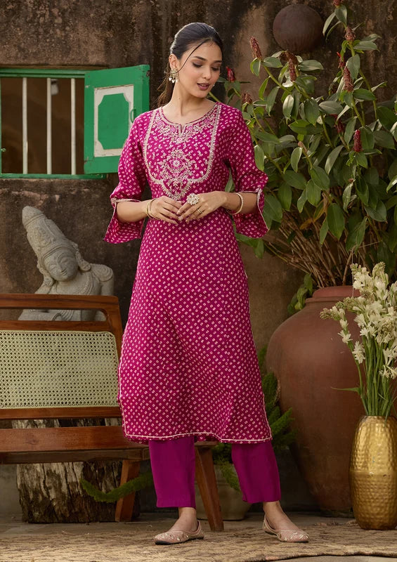Purple Chanderi Bandhej Cording Straight Kurta With Regular Pant And Dupatta