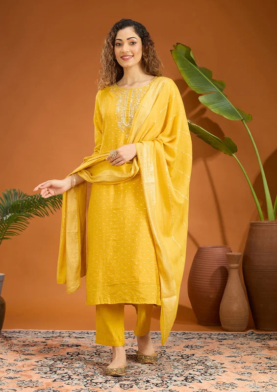 Mustard Yellow Chanderi Cording Straight Kurta With Regular Pant And Dupatta