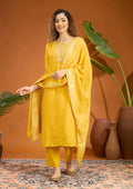 Mustard Yellow Chanderi Cording Straight Kurta With Regular Pant And Dupatta