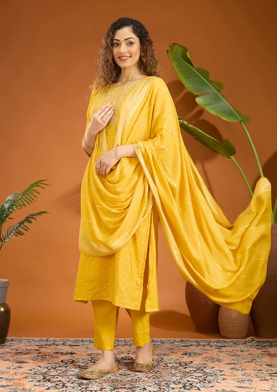 Mustard Yellow Chanderi Cording Straight Kurta With Regular Pant And Dupatta
