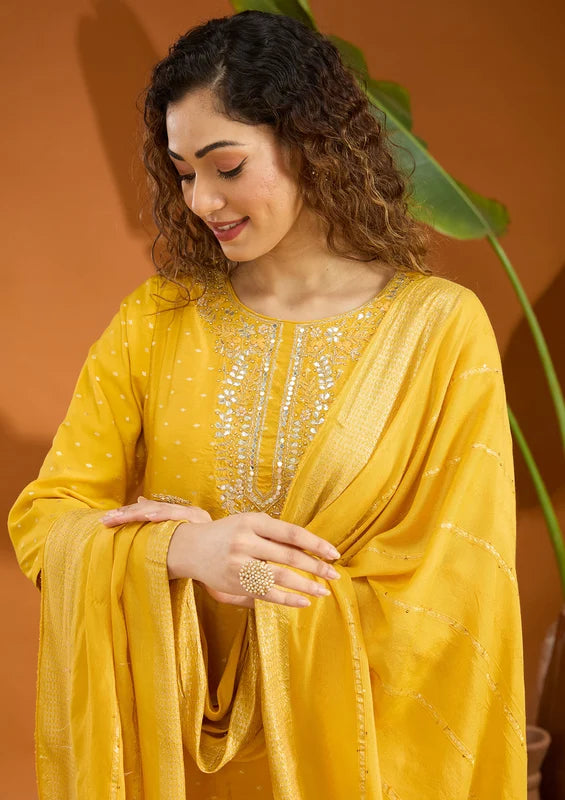 Mustard Yellow Chanderi Cording Straight Kurta With Regular Pant And Dupatta