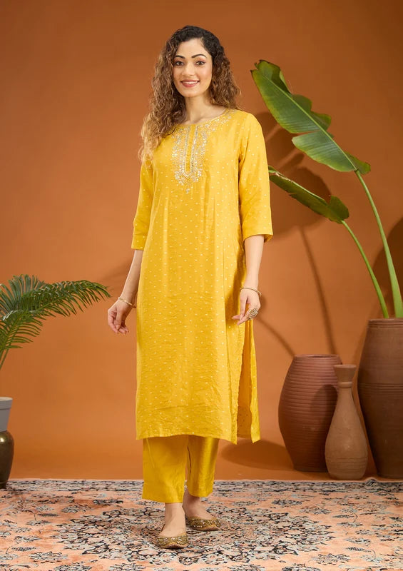 Mustard Yellow Chanderi Cording Straight Kurta With Regular Pant And Dupatta