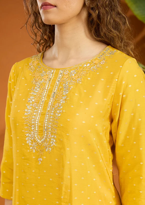 Mustard Yellow Chanderi Cording Straight Kurta With Regular Pant And Dupatta