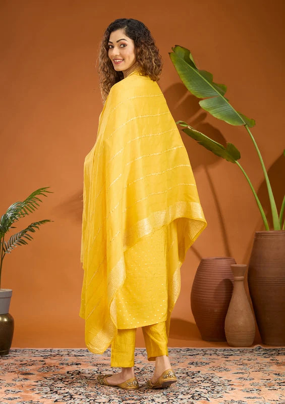 Mustard Yellow Chanderi Cording Straight Kurta With Regular Pant And Dupatta