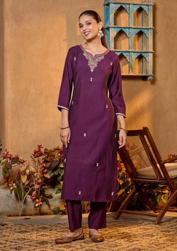 Purple Soft Raw Silk Gold Zariwork Straight Kurta With Pant Regular And Dupatta