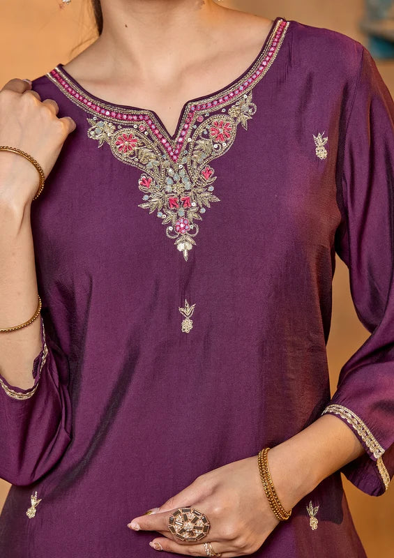 Purple Soft Raw Silk Gold Zariwork Straight Kurta With Pant Regular And Dupatta