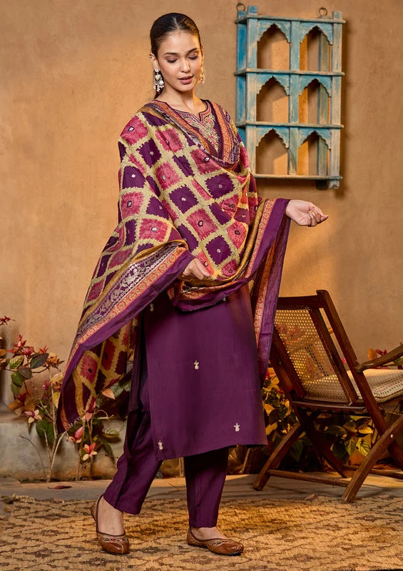 Purple Soft Raw Silk Gold Zariwork Straight Kurta With Pant Regular And Dupatta
