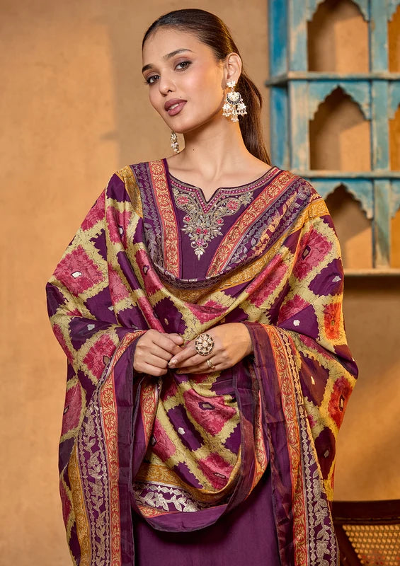 Purple Soft Raw Silk Gold Zariwork Straight Kurta With Pant Regular And Dupatta