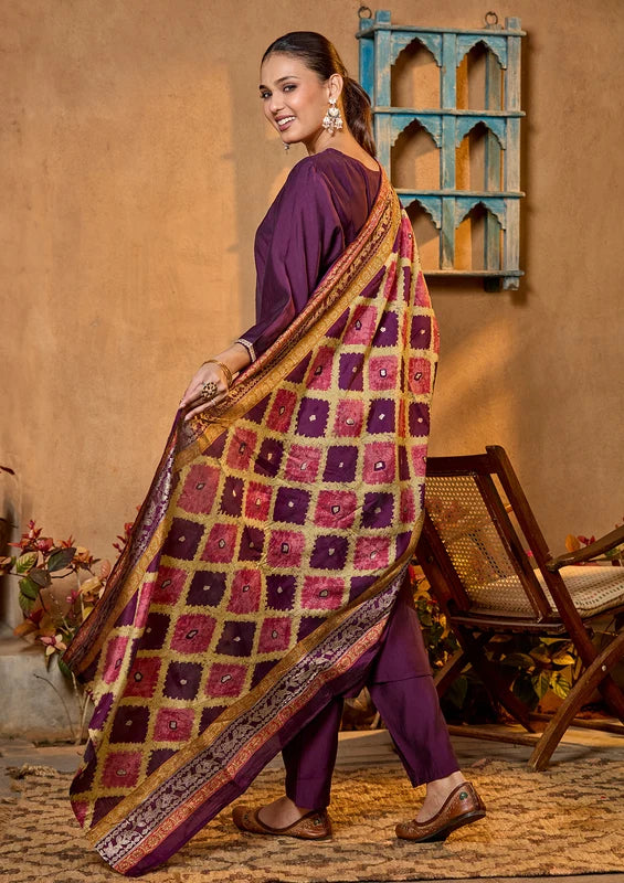 Purple Soft Raw Silk Gold Zariwork Straight Kurta With Pant Regular And Dupatta