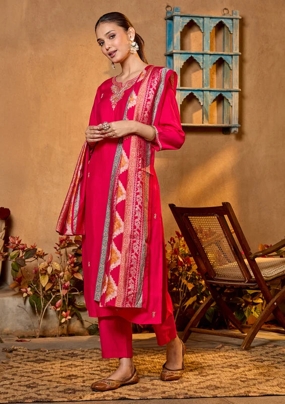 Rani Pink Soft Raw Silk Gold Zariwork Straight Kurta With Pant Regular And Dupatta