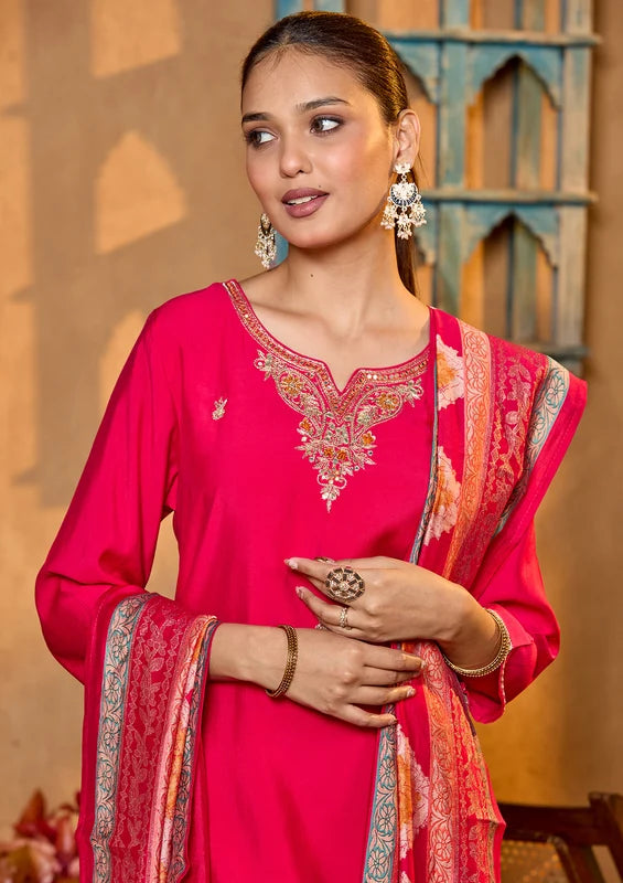 Rani Pink Soft Raw Silk Gold Zariwork Straight Kurta With Pant Regular And Dupatta