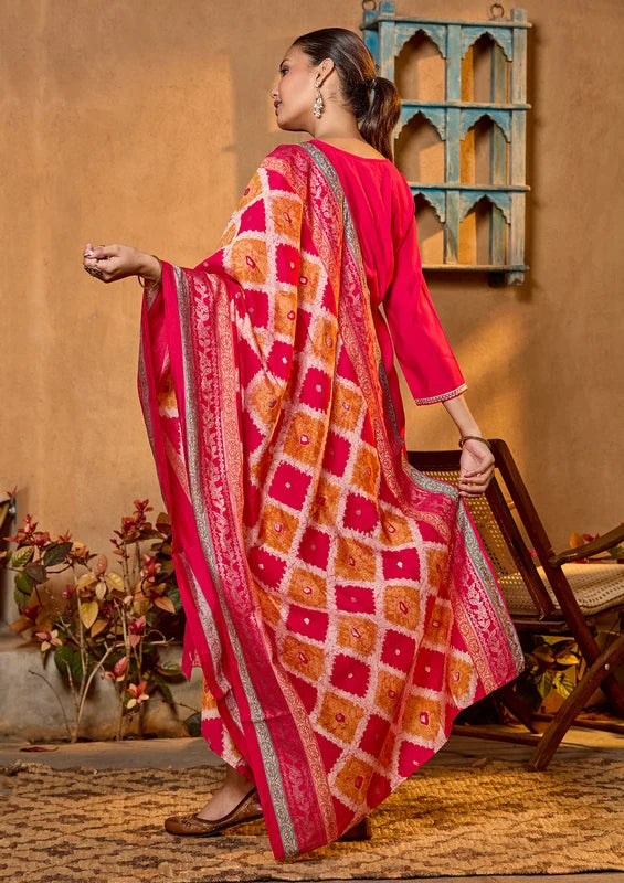 Rani Pink Soft Raw Silk Gold Zariwork Straight Kurta With Pant Regular And Dupatta