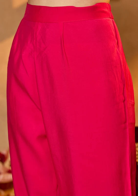Rani Pink Soft Raw Silk Gold Zariwork Straight Kurta With Pant Regular And Dupatta