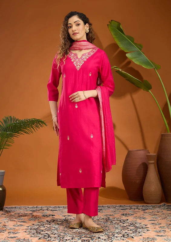 Pink Chanderi Threadwork Straight Kurta With Regular Pant And Dupatta