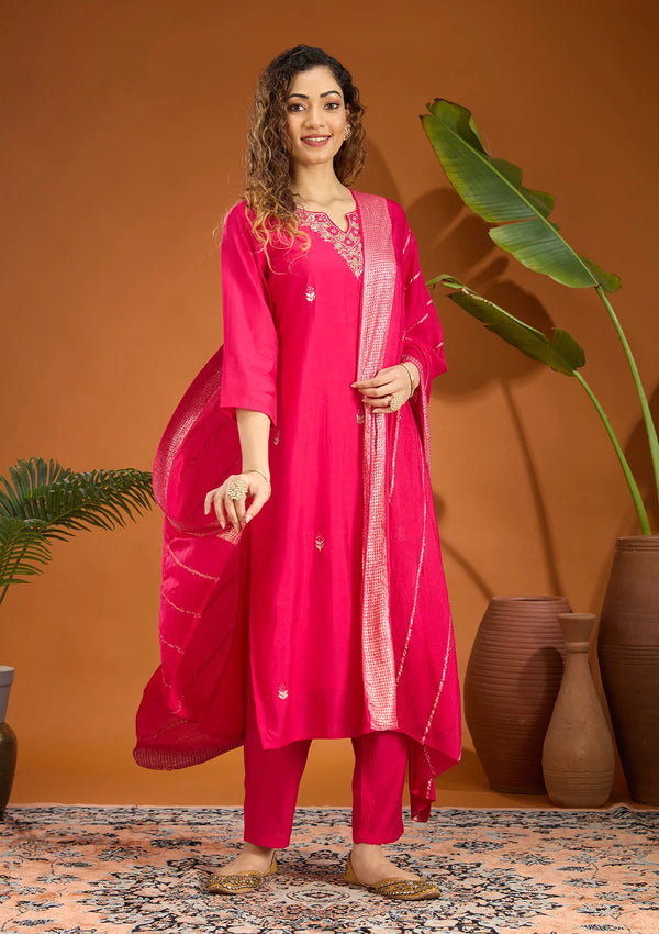Pink Chanderi Threadwork Straight Kurta With Regular Pant And Dupatta