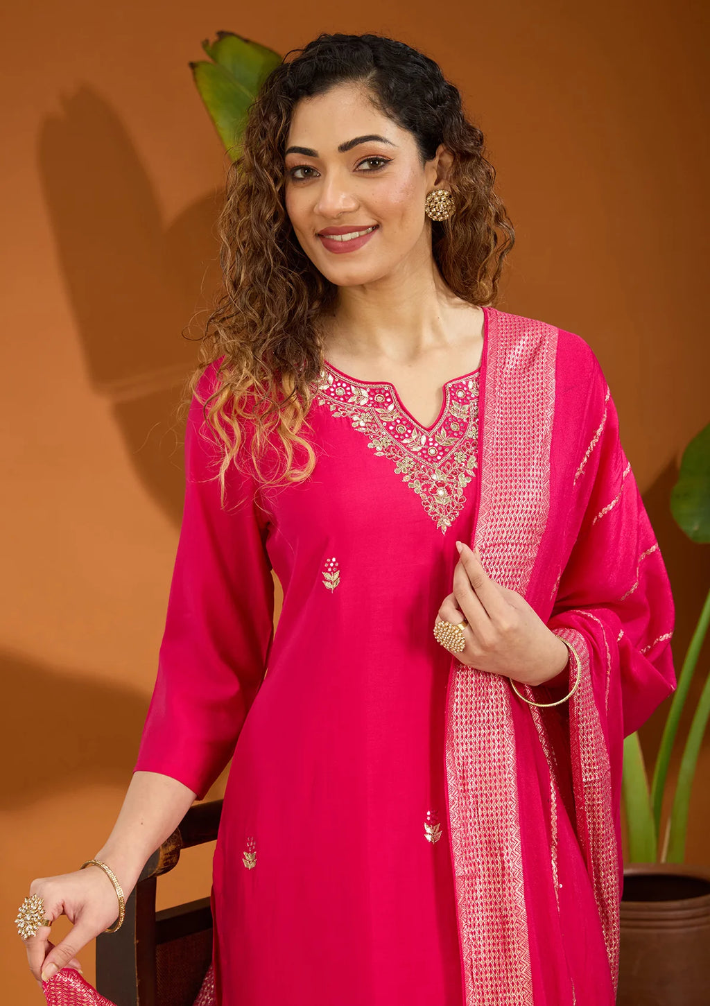 Pink Chanderi Threadwork Straight Kurta With Regular Pant And Dupatta