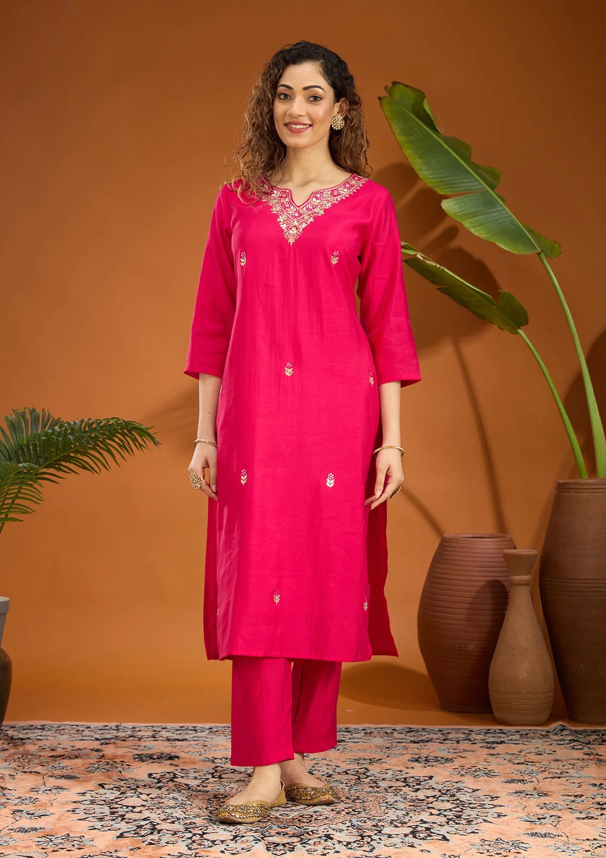 Pink Chanderi Threadwork Straight Kurta With Regular Pant And Dupatta